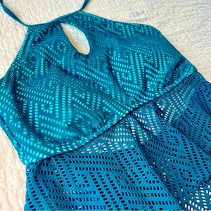 True Craft Tankini Swim Beach Top Aqua Blue / Green Graphic Lace Like Ruffle